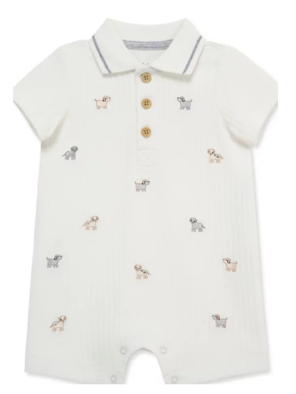 Little Me White Polo Romper with Yellow Giraffe & Blue Elephant Embroidery